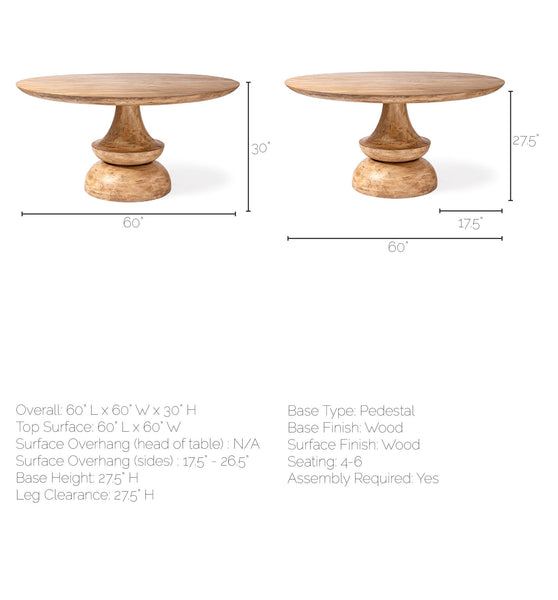 Henri 60" Round Blonde Solid Wood & Base Dining Table - Rustic Edge