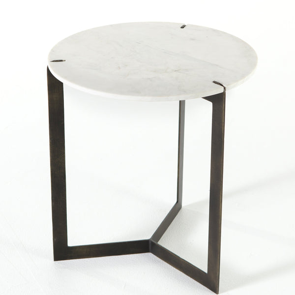 KEVA END TABLE,  Hammered Brass, Polished White Marble - Rustic Edge