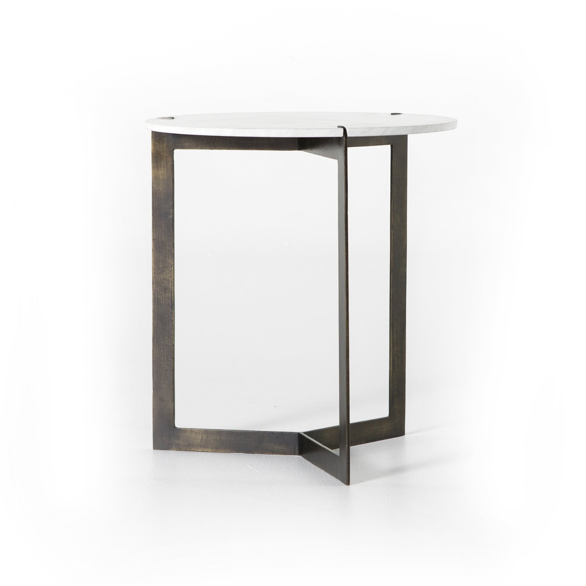 KEVA END TABLE,  Hammered Brass, Polished White Marble - Rustic Edge