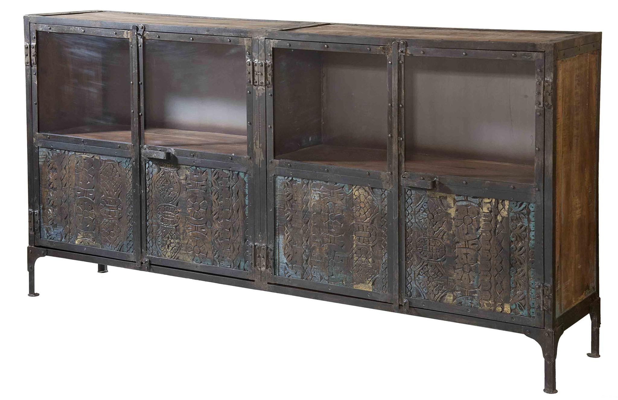 Rain Industrial Four Door Black Wood and Metal Sideboard Rustic Edge