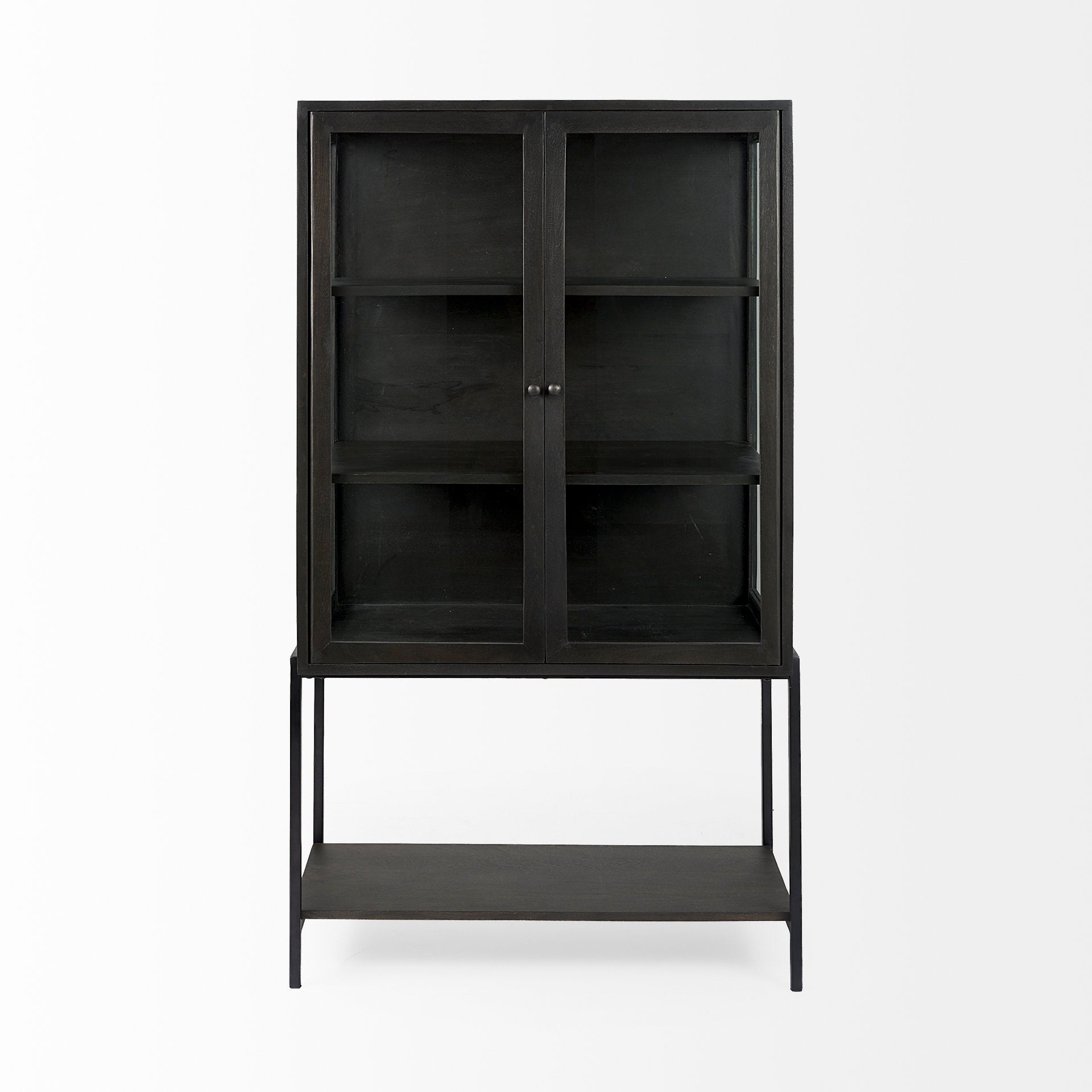 Artie Dark Wood Black Metal Glass Door Display Cabinet Rustic Edge