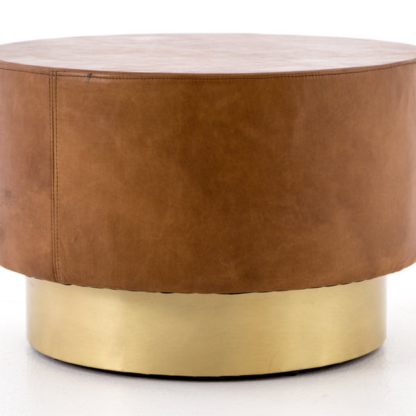 Flynn Brown Leather Brass Coffee Table - Rustic Edge