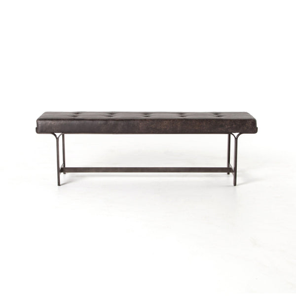 Arion Industrial Bench - Black Leather with Iron Legs - Rustic Edge