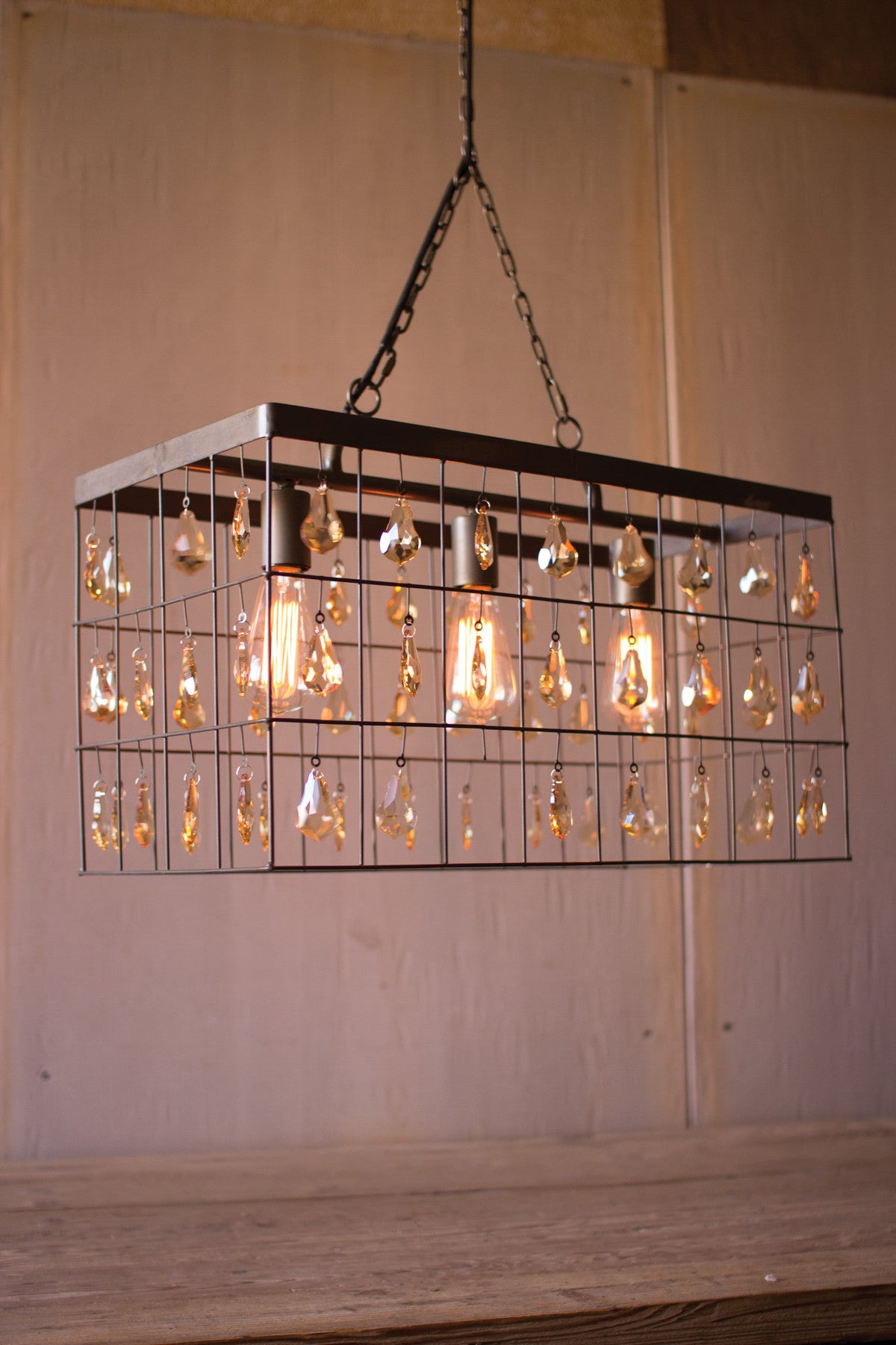 Kalalou Large Rectangle Pendant Light with 72 Amber Glass Gems CQ6802