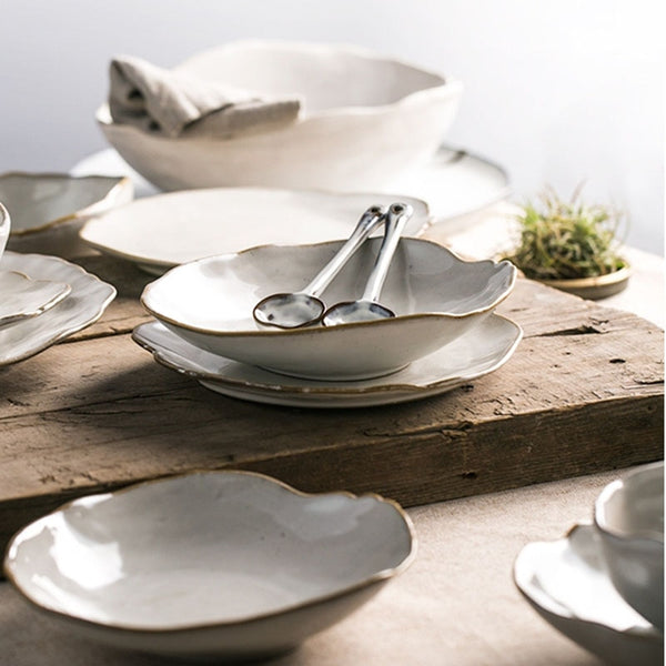 Organic White Ceramic Irregular Shape Dinner Set