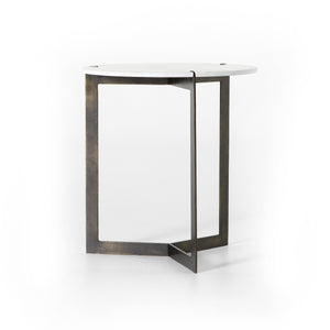 KEVA END TABLE,  Hammered Brass, Polished White Marble - Rustic Edge