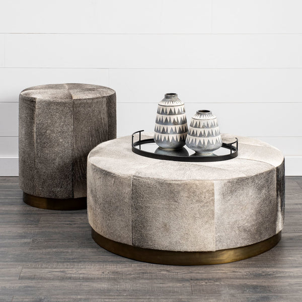 Wayne Cowhide Round Ottoman with Metal Base - Rustic Edge