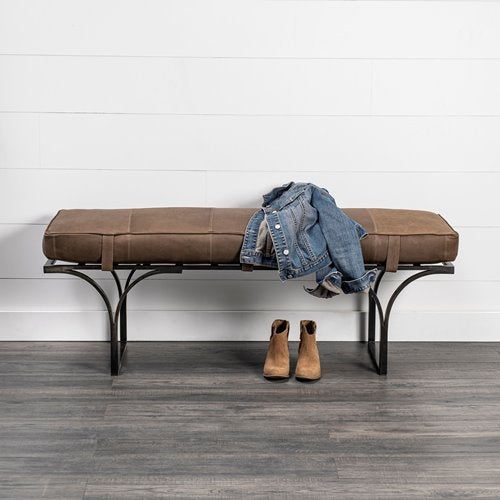 Wayne Light Brown Leather Gold Metal Base Accent Bench - Rustic Edge