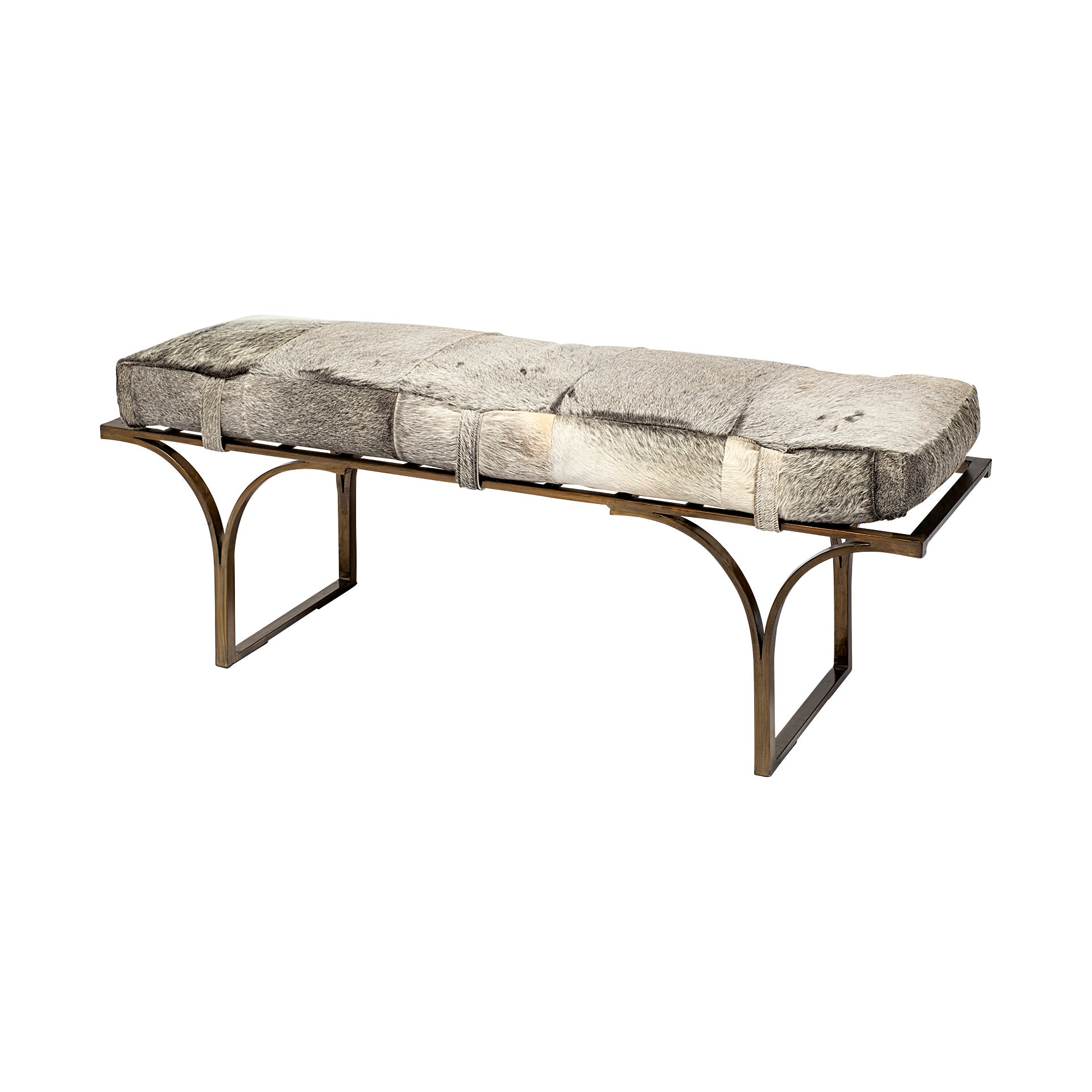 Wayne Cowhide Leather Seat W/Gold Metal Base Accent Bench