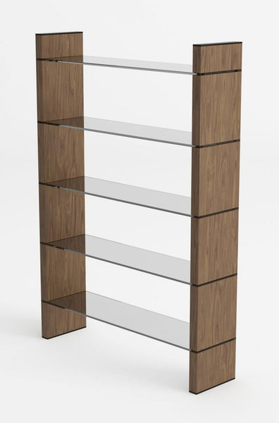 Lenco Modern Walnut and Black Glass Bookshelf- Rustic Edge