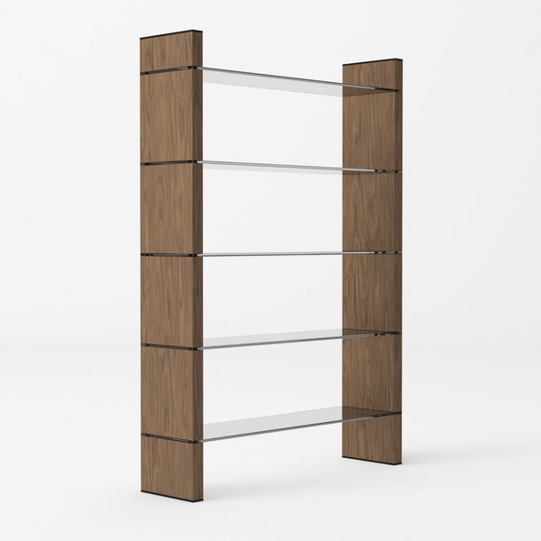 Lenco Modern Walnut and Black Glass Bookshelf- Rustic Edge