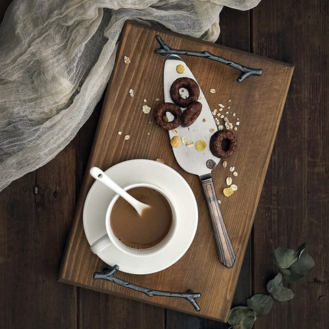 Wooden Serving Tray with Iron Stick Handles