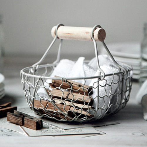 Vintage Old Wrought Iron Storage Basket with handle