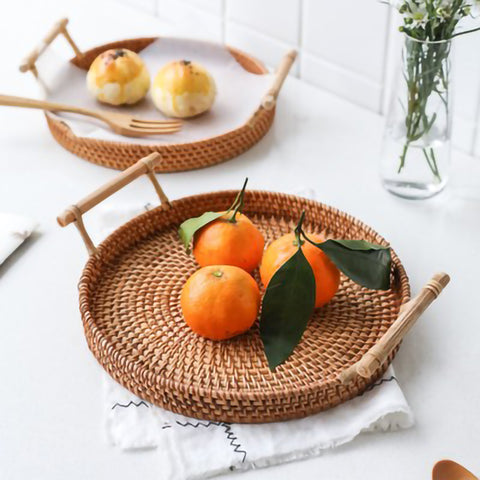 Rattan Hand woven Round Tray with Handles - Rustic Edge