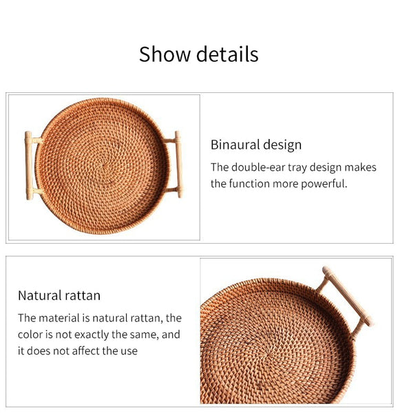 Rattan Hand woven Round Tray with Handles - Rustic Edge