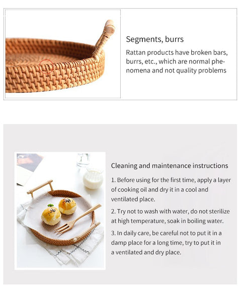 Rattan Hand woven Round Tray with Handles - Rustic Edge