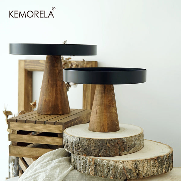 Natural Wood/Black Cake Plate Stand
